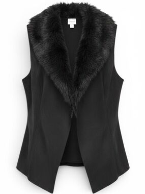 Chico’s Faux Fur & Suede Open Front Relaxed Drape Black Vest Size 0 (Size 4/Sm)